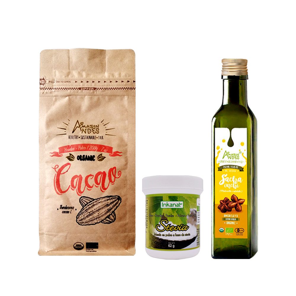 cacao-stevia-sacha-inchi cacao en polvo, stevia en polvo, aceite de sacha inchi